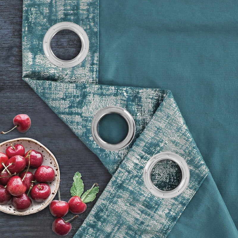 always4u Soft Velvet Curtains 108 Inch Length Long Luxury Bedroom Curtains Silver Foil Print Window Treatments for Living Room Set of 2 Teal - Image 2